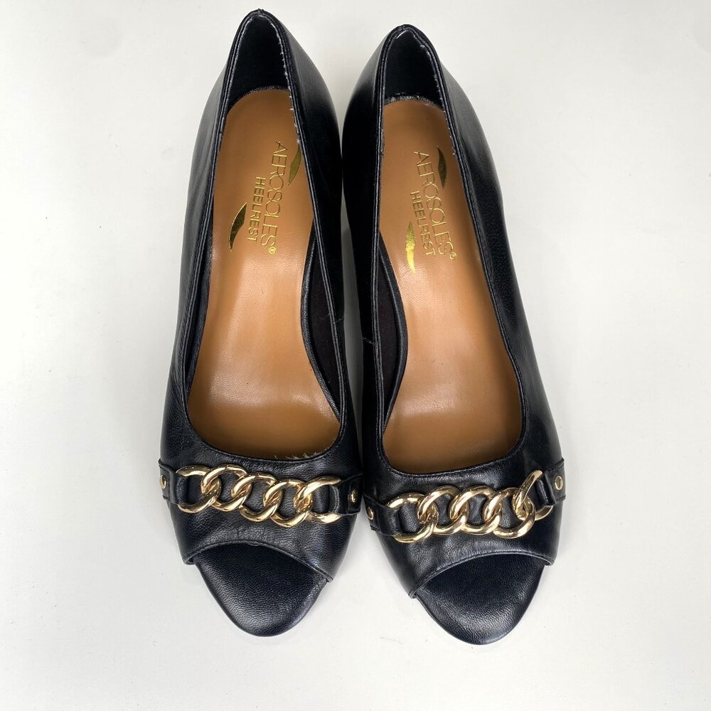 NWOT - Aerosoles Heelrest Black Open Toe Pumps with Golden Chain Link Detail